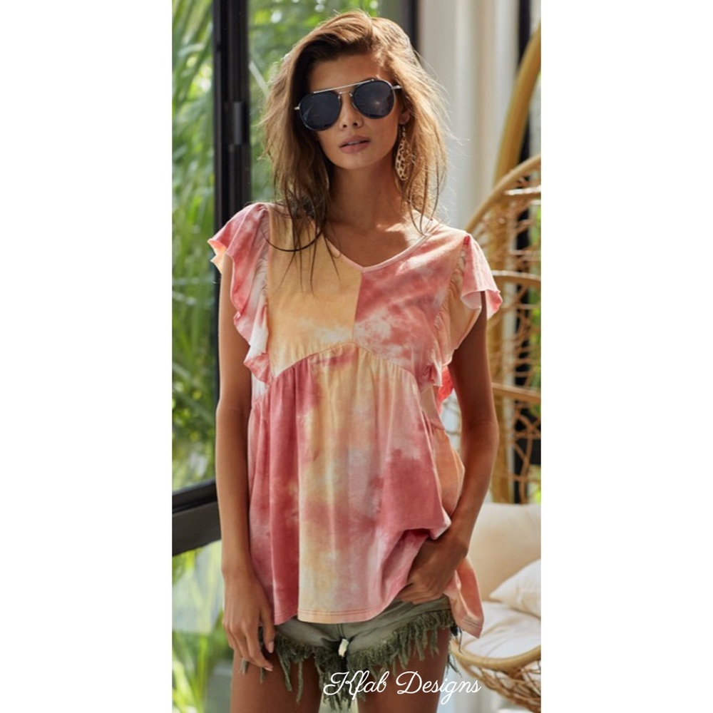 ❤️LAST 1 V Neck Ruffle Tie Dye Cotton Babydoll Top - Picture 3 of 12
